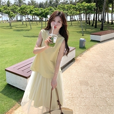 夏日小清新一整套穿搭女2025新款贵气感无袖上衣网纱半身裙两件套，女装套装/套裙，2C159