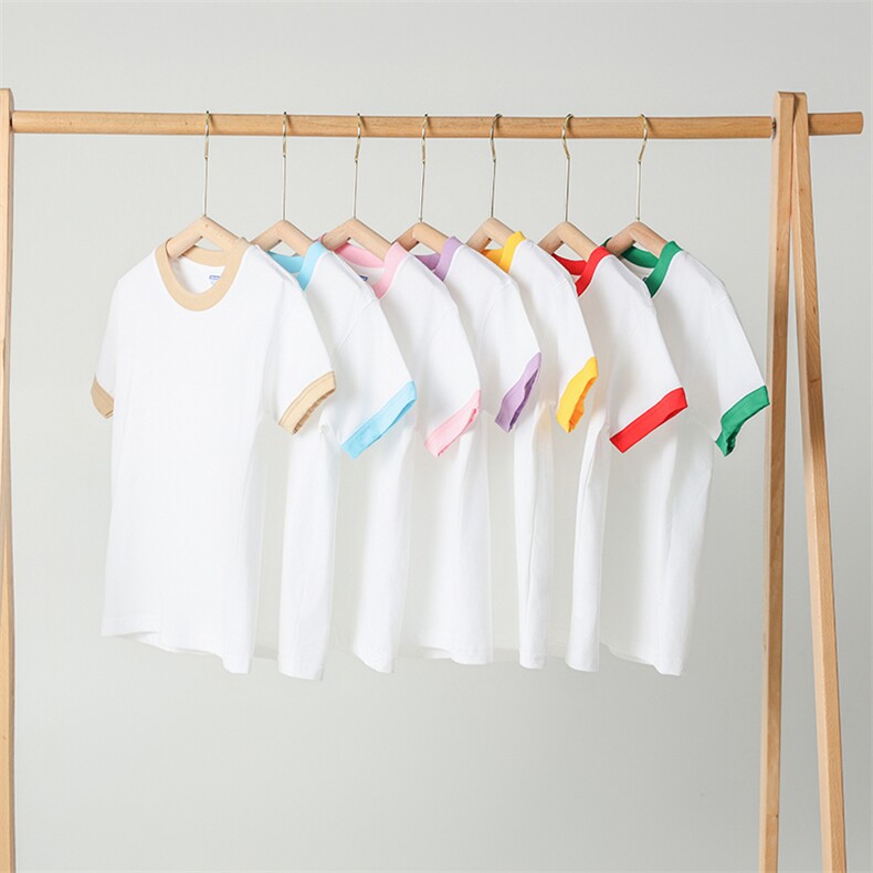 高品质纯棉撞边圆领儿童T恤男女童宽松精梳棉短袖宝宝演出班服，童装T恤，初丹羊绒童装