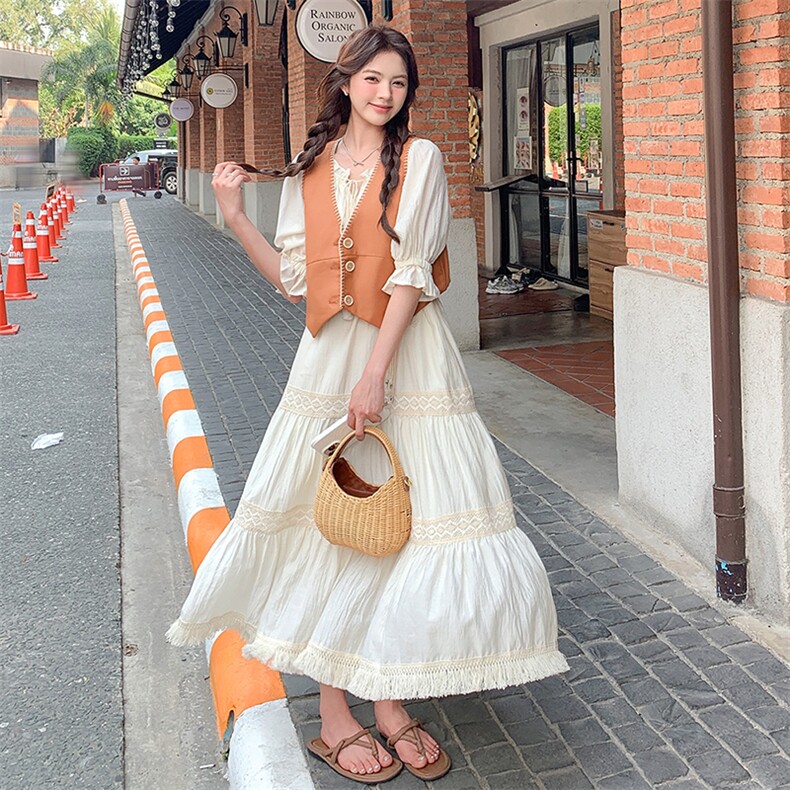 法式马甲流苏连衣裙两件套女2025夏季新款温柔风绝美别致长裙套装,女装连衣裙,浙宝305
