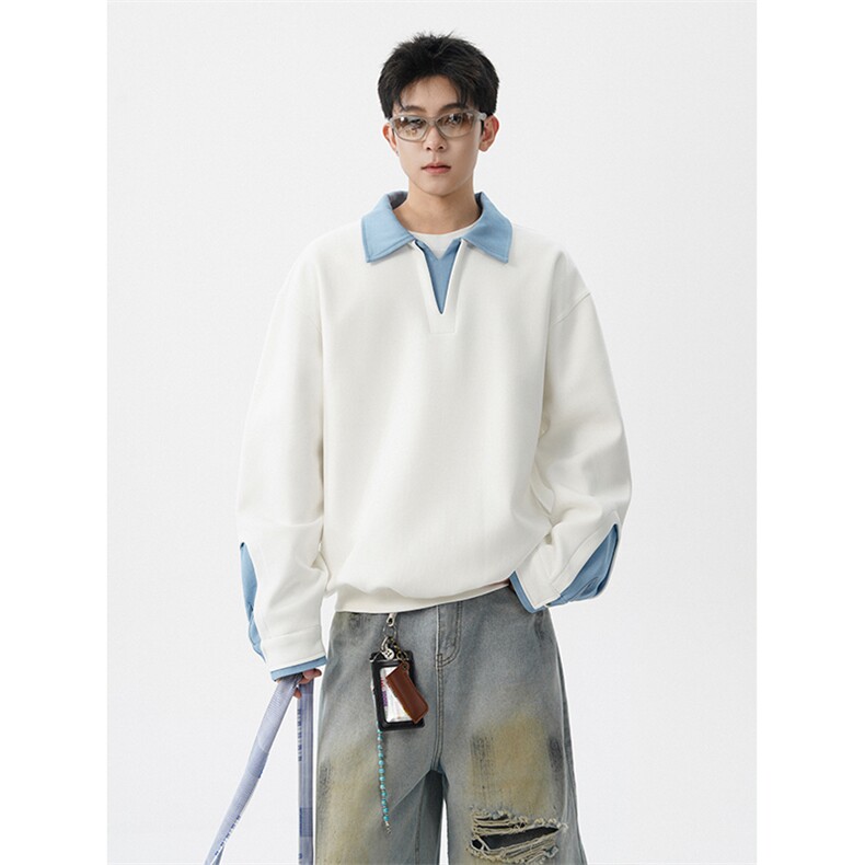 8XL-M美式拼接新款翻领高级感衬衫领运动上衣长袖卫衣男WY26P68，男装衬衫，电商D206-1