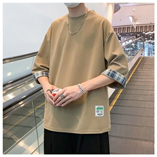 美式复古七分袖t恤男oversize打底衫胖子加肥加大码咖色拼接短袖，男装T恤，星座909-2（原星座717-2）
