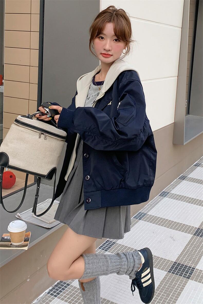 超火藏青色短款连帽棒球服外套女春2025新款设计感假两件夹克,女装短外套,浙宝305