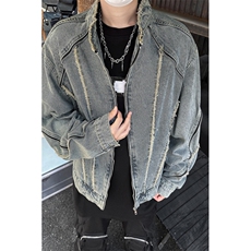 GC9366-P68美式复古毛边水洗牛仔外套男2026新款机车风立领夹克，男装工装外套，电商C233