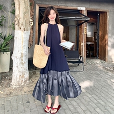 韩系格纹拼接连衣裙女2025夏季新款时尚设计感巨好看绝美吊带长裙，女装连衣裙，2C167