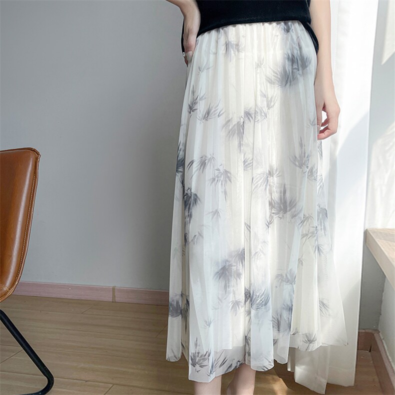 新中式印花半身裙女2025夏季新款优雅气质显瘦蓬松A字百褶长裙子，女装半身裙，朝贺羊绒