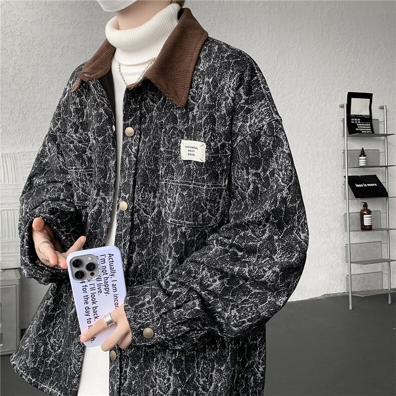 现货JK1165-特P65 撞色秋冬美式宽松上衣休闲夹克大码外套图片