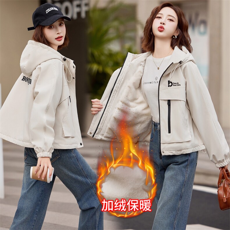 紫色加绒派克服棉服女短款2024冬季新款加厚保暖休闲连帽工装外套,女装棉衣/棉服,悦祺