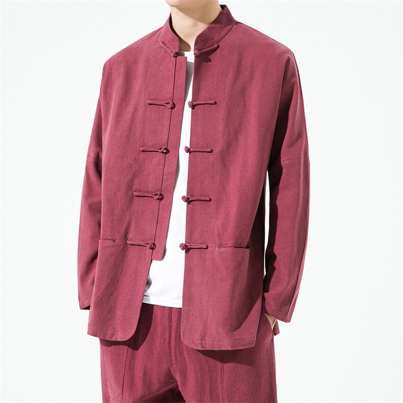 22601^春秋棉麻复古休闲唐装男士对襟盘扣茶服上衣风纯色外套,男装夹克,钱塘777(原3023)