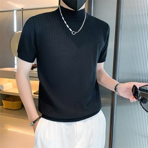 男士韩版打底毛衣半袖修身黑白纯色短袖针织衫半高领P3302-P45图片