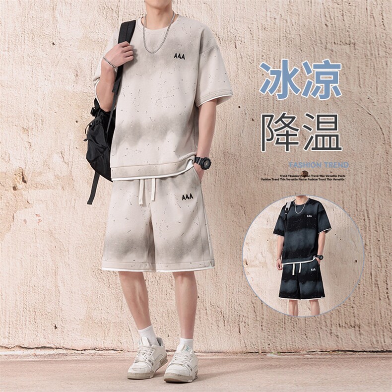 渐变色扎染短袖T恤套装男五分短袖休闲运动套装217-2-TZ08-特P55图片