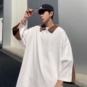 半拉链男款polo衫夏季潮牌潮流七分袖T恤美式华夫格体恤WB037-P35图片
