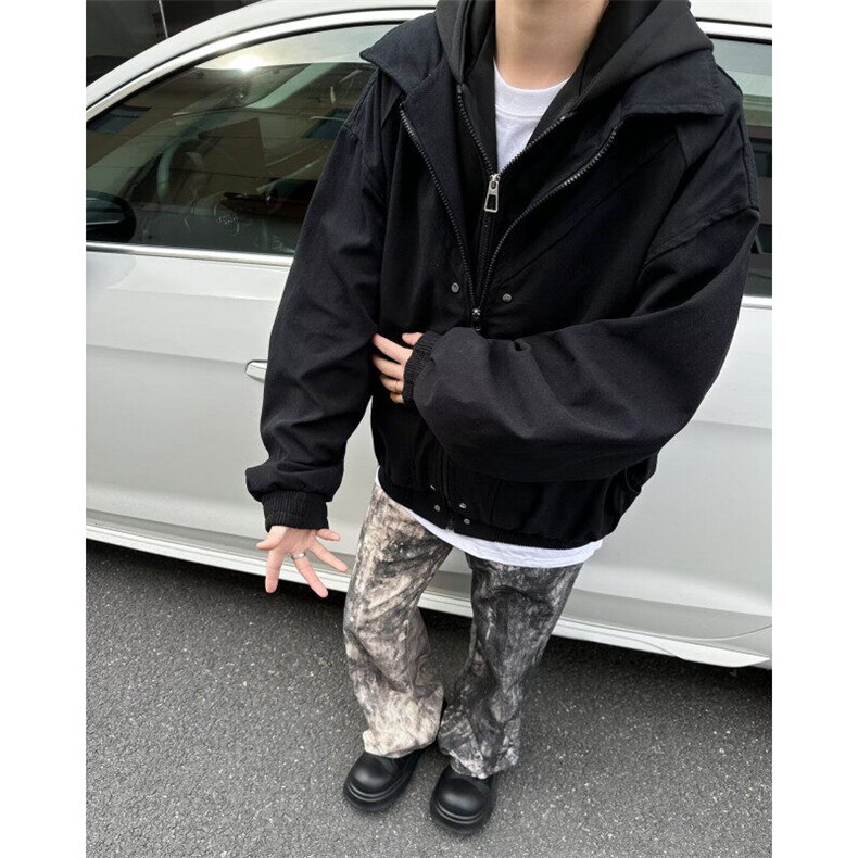 美式假两件夹克男春秋季宽松休闲潮牌复古解构连帽外套W9348-P100，男装夹克，星座1109-3