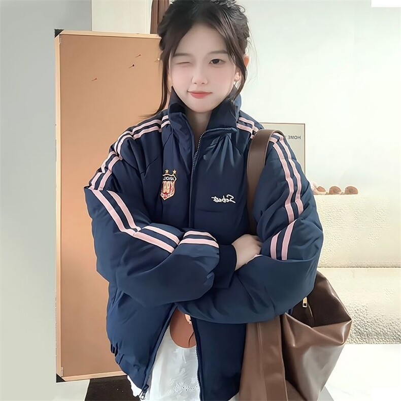 美式复古学院风拼接条纹面包服2025年新款宽松加厚棉服女外套冬季图片