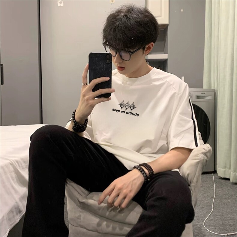 抖音得物高品质二开240克宽松纯棉美式潮牌三条杠织带短袖T恤，男装T恤，电商A486-1