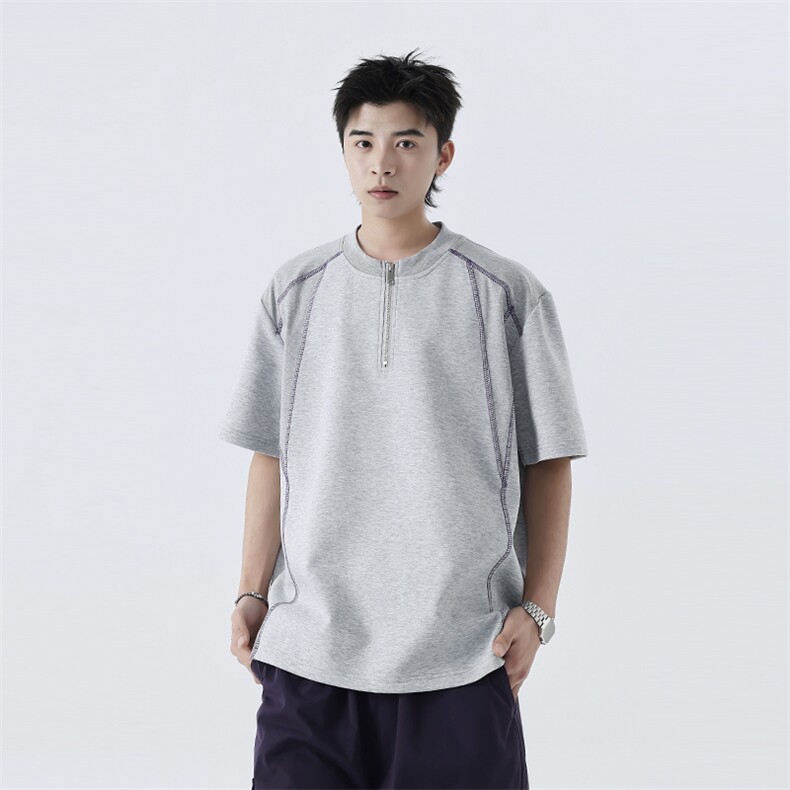 现货苏哈线撞色拼接半拉链短袖男款下架小领口T恤运动T恤衫，女装T恤，电商C307