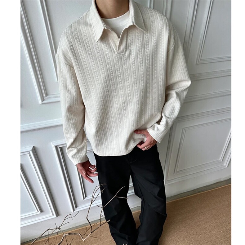 （网图）美式老钱风V领POLO衫男麦穗纹cleanfit长袖卫衣外套P35，男装卫衣，电商C306-1