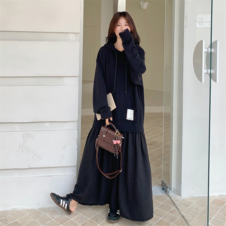 慵懒风连帽假两件卫衣连衣裙女2025春秋季新款宽松巨显瘦减龄长裙,女装连衣裙,2C007