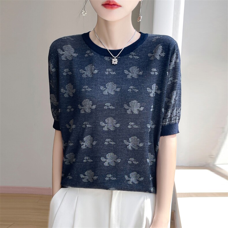 夏季新款天丝提花圆领短袖女宽松百搭显瘦时尚休闲上衣,针织衫/毛衣,暖娇绒