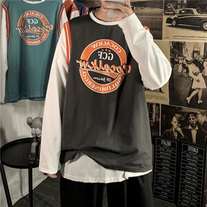 2023秋装韩版潮流男士假两件拼接长袖帅气套头卫衣印花WY732-p30图片