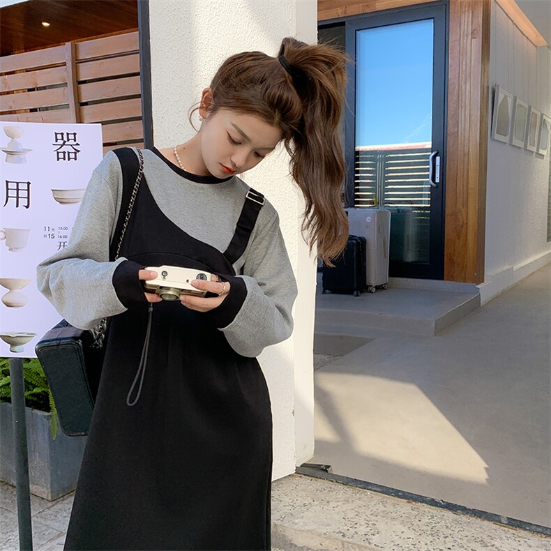 23年新品拼色后开叉假两件连衣裙,女装连衣裙,菡迪欧娜