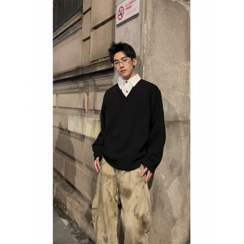 现货~高智感V领假两件polo氛围感高级老钱针织毛衣MY2576批68,男装针织衫/毛衣,星座1411A-6