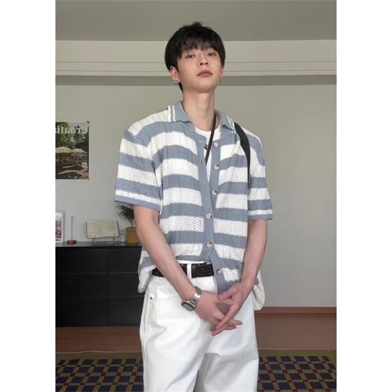 纹针织短袖衬衫男夏美式宽松慵懒风t恤高级感半袖SWY63,男装针织衫/毛衣,星座516A