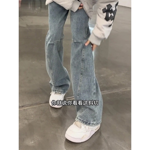 1506/QS41400/P53美式复古斜切弯刀牛仔微喇工装裤显瘦直筒裤图片