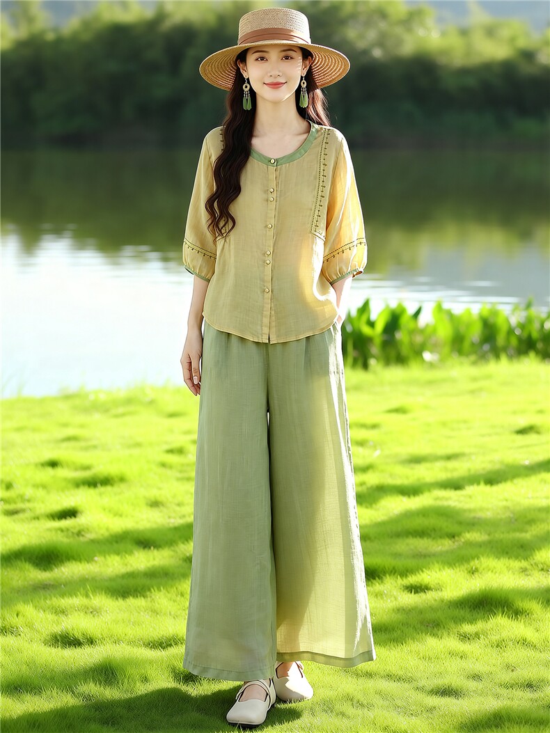 芷墨夏季新款松弛简约通勤上衣阔腿裤两件套显高显瘦宽松套装女,女装套装/套裙,芷墨服饰
