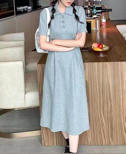 【新款】盘扣朱迪面料长连衣裙，女装连衣裙，哥卓