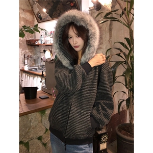 连帽卫衣开衫女秋季穿搭撞色条纹毛领外套WY721-P89图片