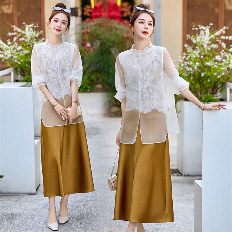 新中式复古气质网纱设计感蕾丝立领防晒衬衣套装裙，女装套装/套裙，依多米