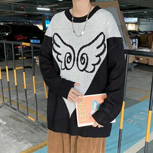 秋季2021毛衣撞色拼接圆领宽松新款创意翅膀针织衫上衣 M119-P55图片
