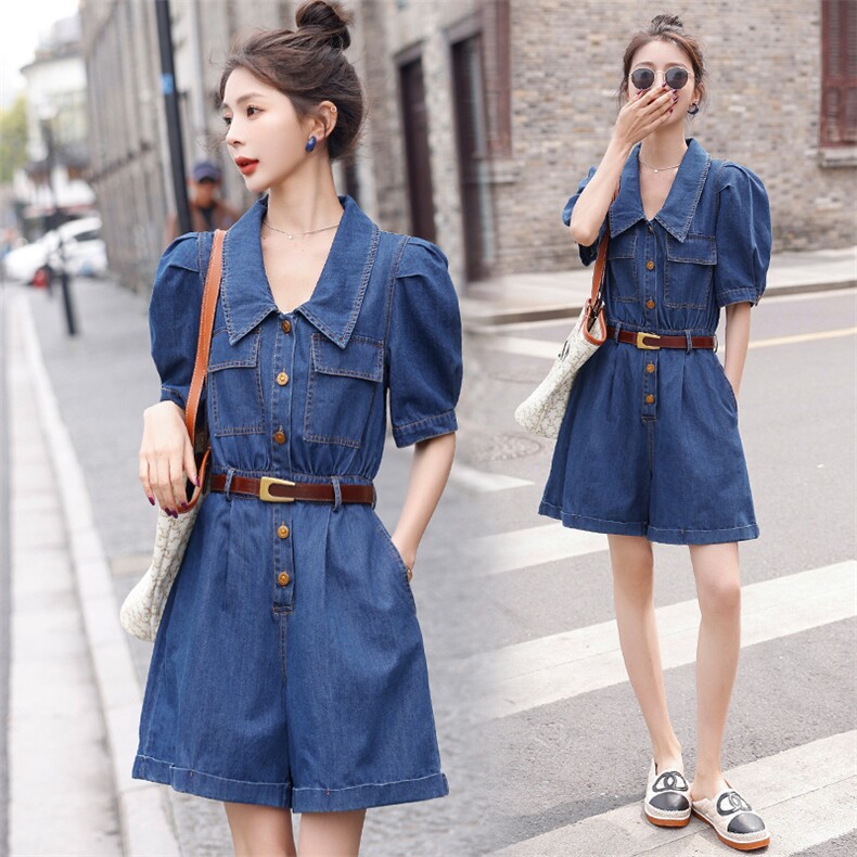 现货2023夏装新品牛仔连体裤韩版修身气质连体短裤配送腰带，女装连体裤，钱塘布衣