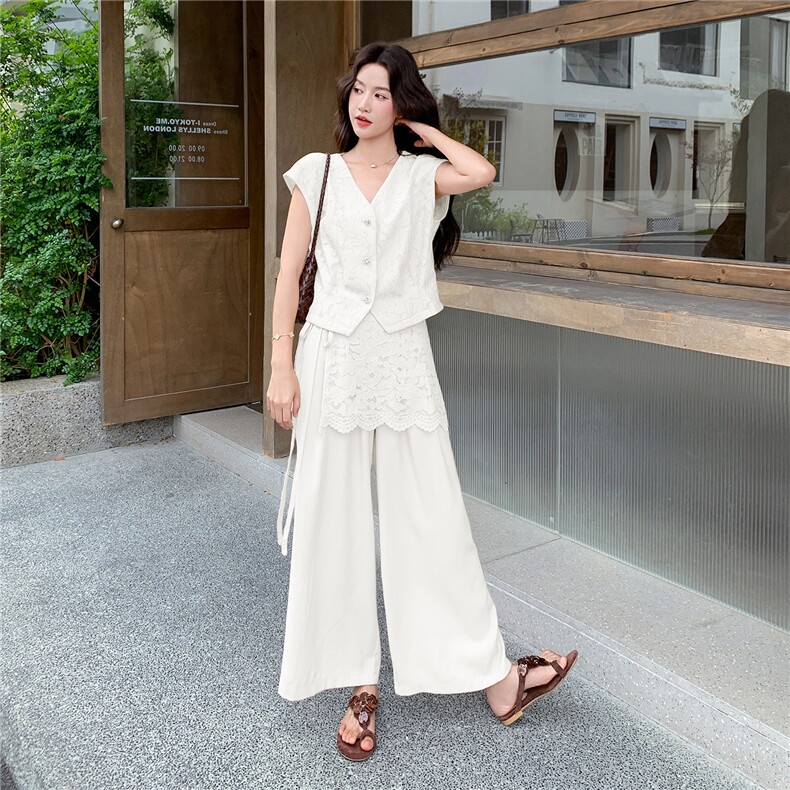 轻熟风气质套装女2026夏季薄款蕾丝上衣显瘦阔腿裤两件套,女装套装/套裙,冬木谷雨