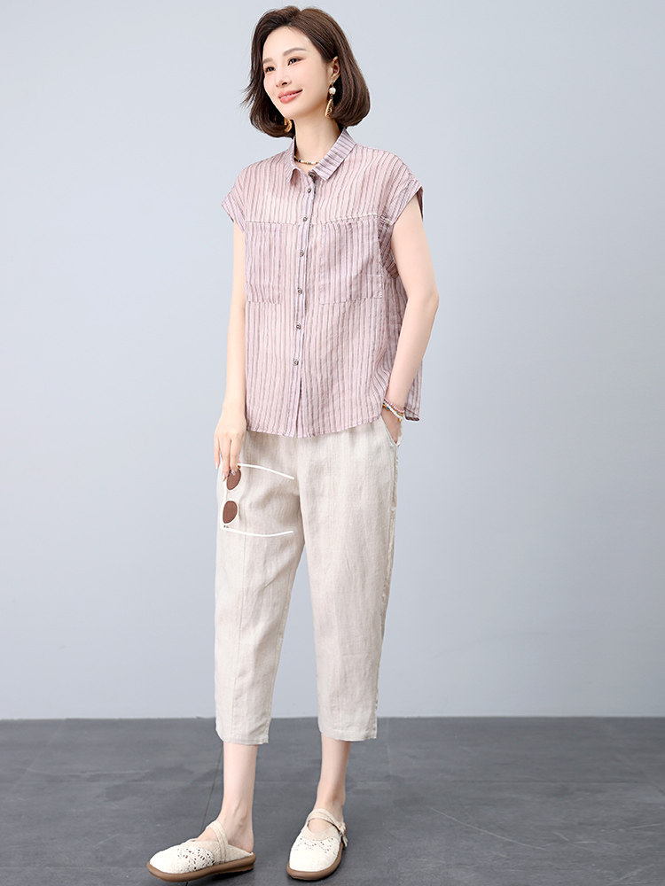 时尚套装女2025年新款夏装搭配一整套洋气减龄妈妈棉麻裤子两件套,女装套装/套裙,江忆布依