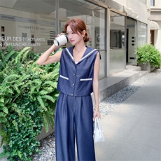 设计感海军领无袖马甲高腰阔腿裤套装女2025夏新款时尚显瘦两件套，女装套装/套裙，2D080