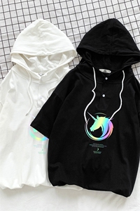 LD54138-P45 连帽短袖t恤男大码胖子带帽五分袖中袖图片