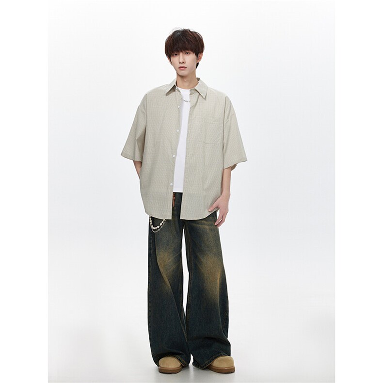 港风宽松五分袖衬衫男KD683-P45,男装T恤,电商D312-1