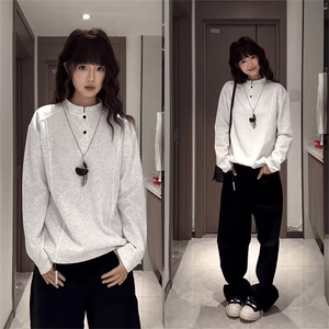 浅灰色美式亨利领卫衣男款秋季痞帅高级感正肩长袖t恤boxy打底衫图片