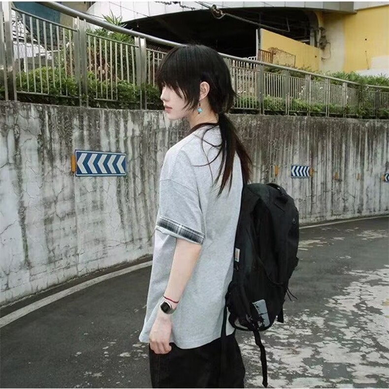 美式复古潮牌t恤女夏季格纹拼接灰色圆领短袖宽松情侣休闲上衣潮,男装T恤,星座506A