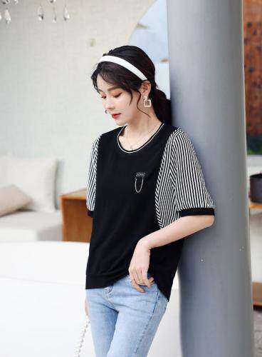 夏季新款冰丝拼条纹上衣，女装，红利秀雅