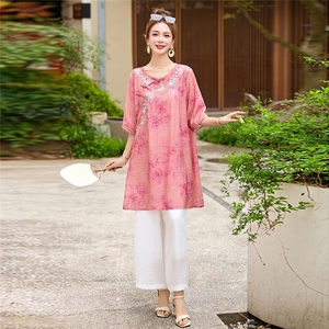 现货！夏季新款2025印花盘扣套装女时尚休闲气质宽松两件套套裤图片