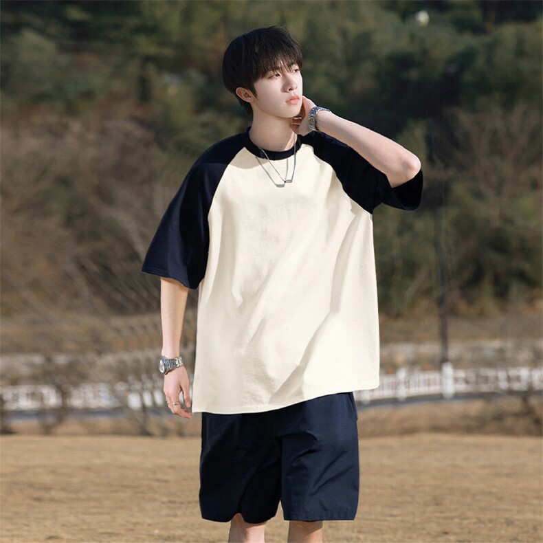 抖音得物高品质二开240克宽松纯棉美式潮牌插肩袖拼接短袖T恤，男装T恤，电商A486-1