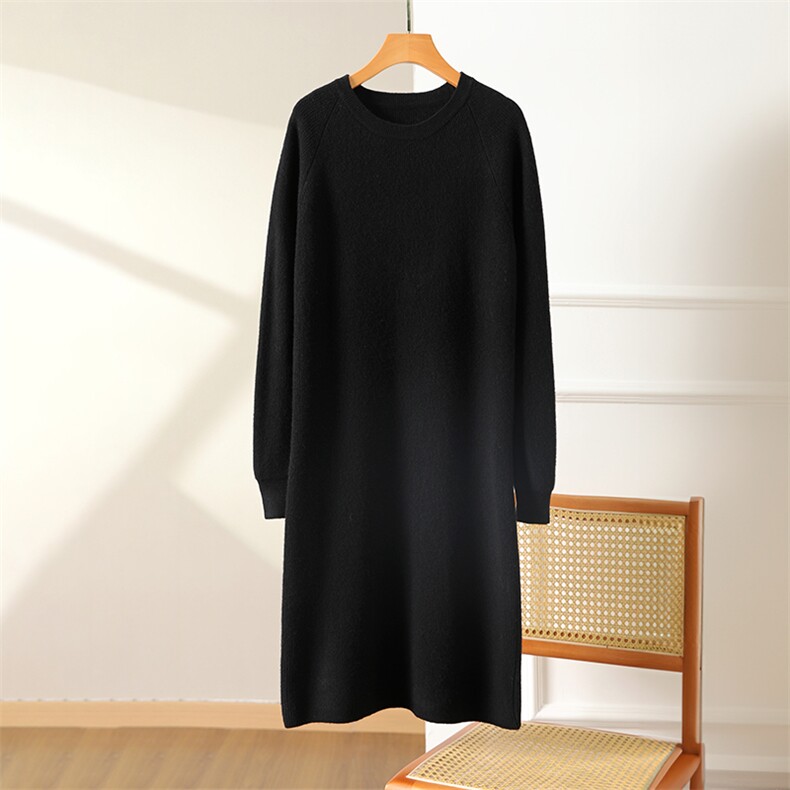 秋冬新款羊毛针织连衣裙女圆领毛衣中长裙宽松过膝裙打底裙，女装连衣裙，松航羊绒