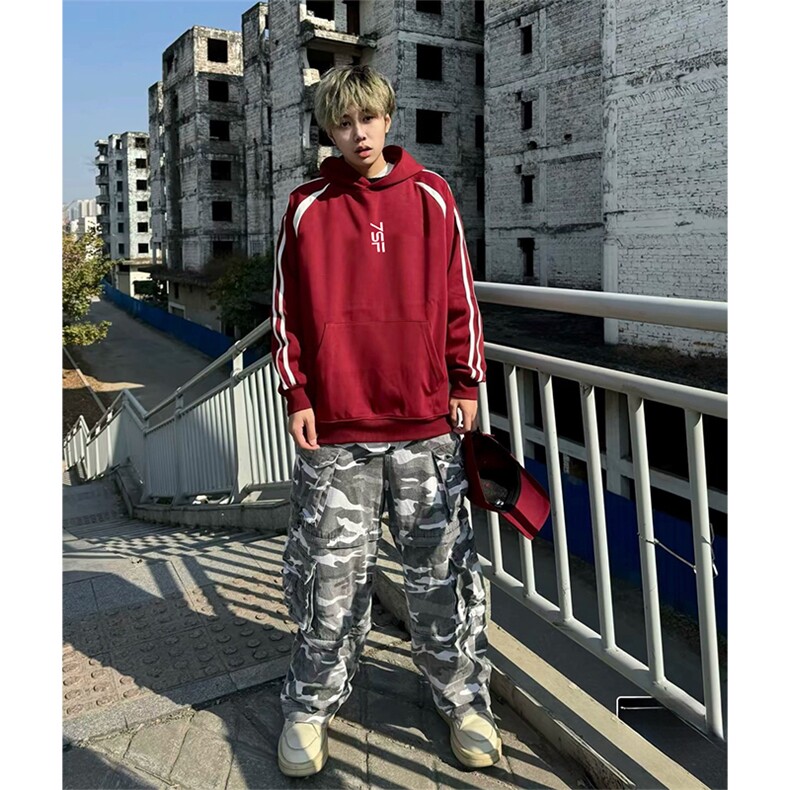 抖音得物品质 美式高街宽松结构拼接撞色连帽印花卫衣外套AW13304图片