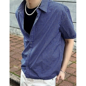格纹短袖衬衫男初夏穿搭抽绳格子衬衣老钱风半袖外套 C217图片