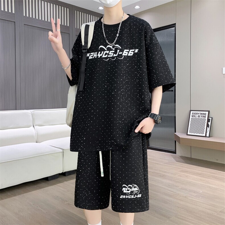 港风套装男宽松菠萝格满天星圆领短袖T恤短裤痞帅套装TZ6628-P50,男装牛仔裤,星座310B-3