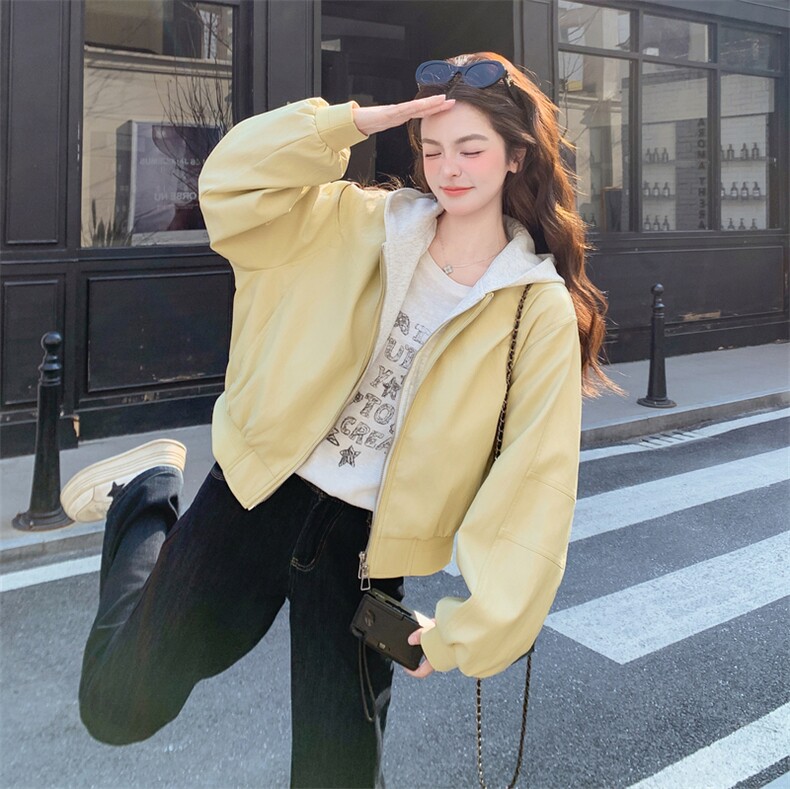 2B081-7707-P160-K238春季2026新款连帽短款皮衣夹克假两件外套,女装短外套,2B081