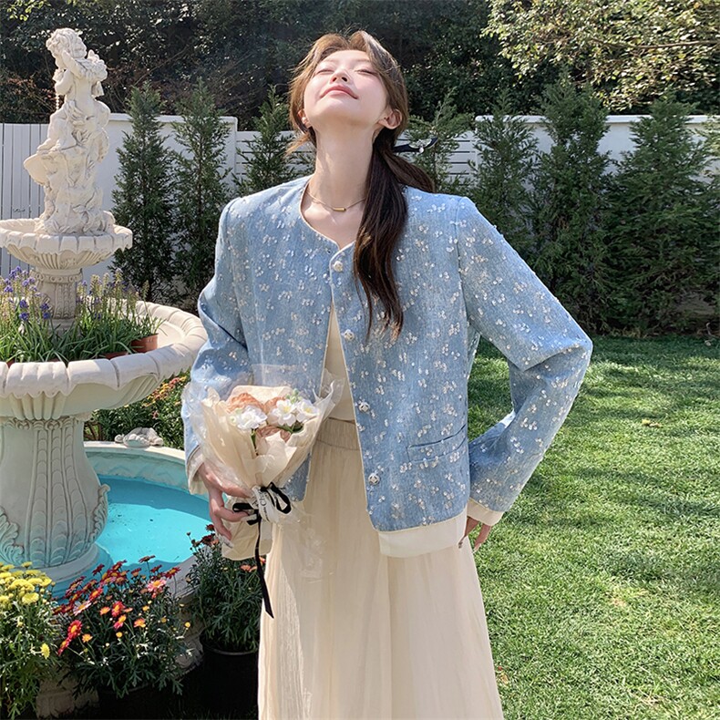 小香风蓝色亮片外套短款女春秋2025新款韩版宽松小个子夹克衫上衣,女装短外套,浙宝208A