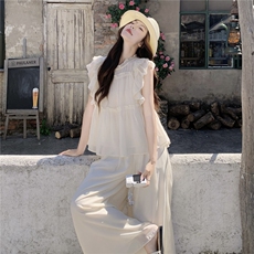 超仙时尚雪纺无袖木耳边套装女2026夏新款半透减龄阔腿裙裤两件套，女装套装/套裙，水衣源